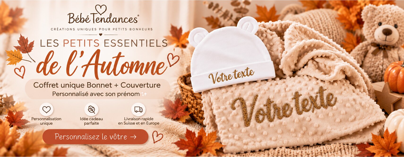 Les petits essentiels de l'automne : coffret bonnet et couverture personnalisés avec le prénom de bébé