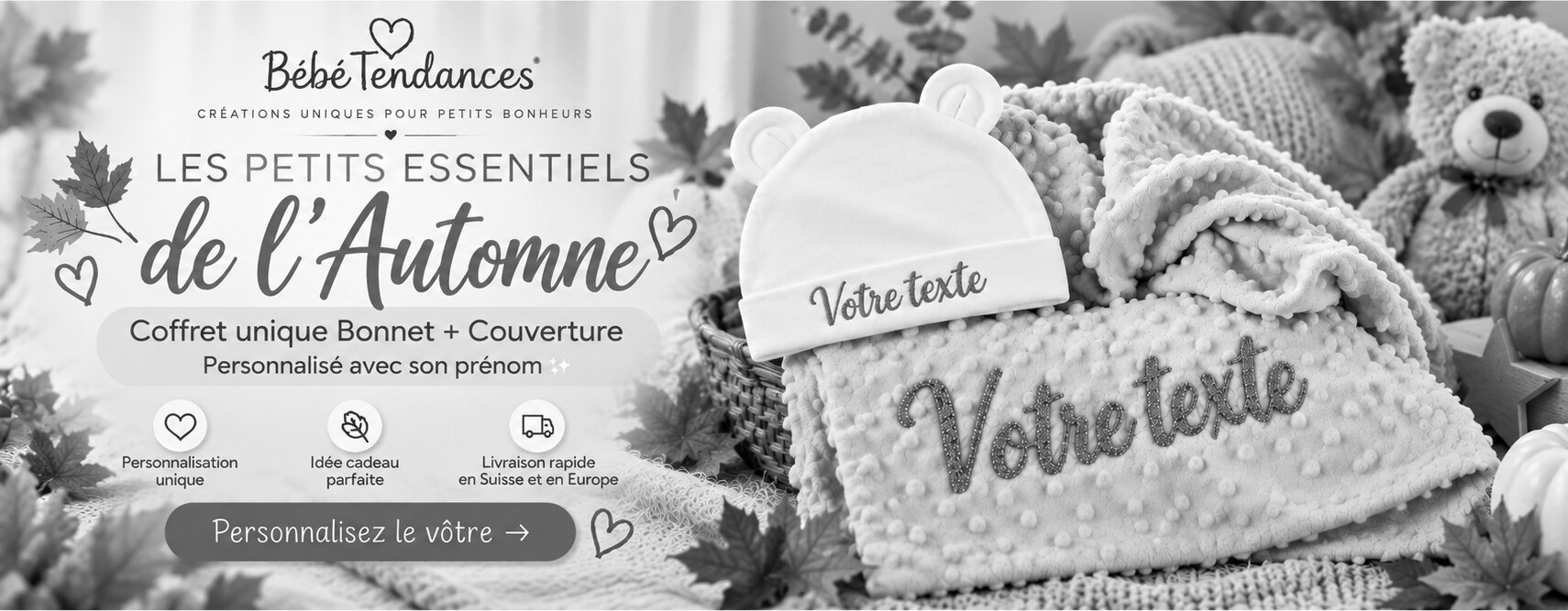 Les petits essentiels de l'automne : coffret bonnet et couverture personnalisés avec le prénom de bébé