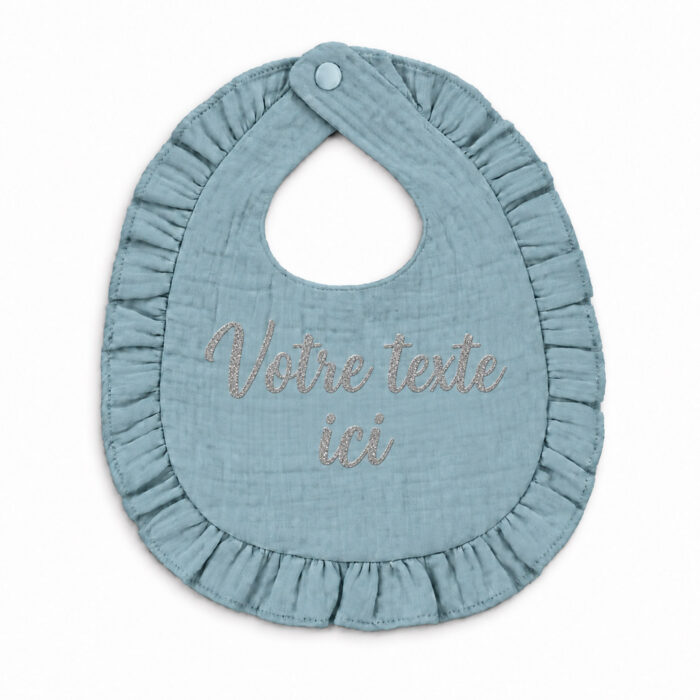 Bavoir bébé personnalisé bleu à volants avec prénom