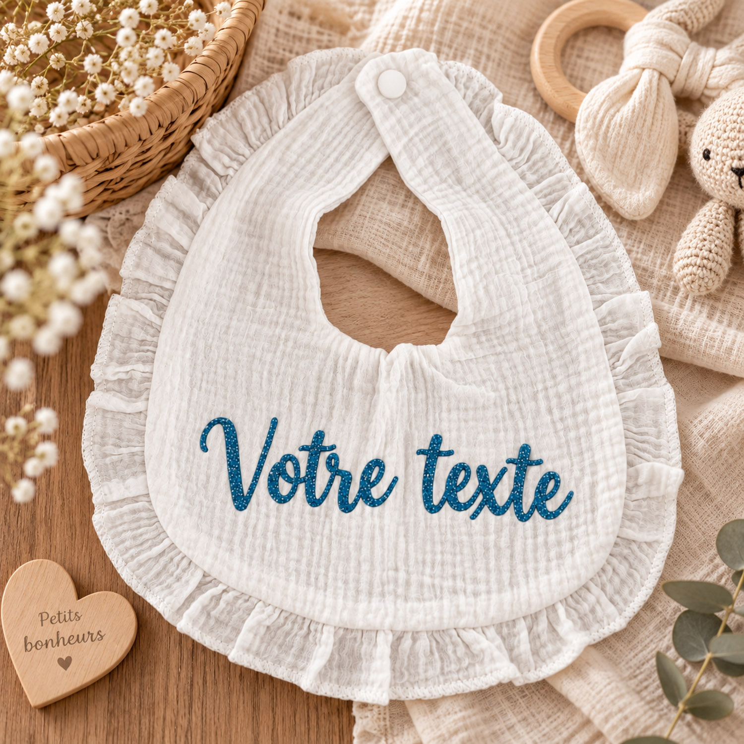 Bavoir en mousseline blanc personnalisé – Image 3
