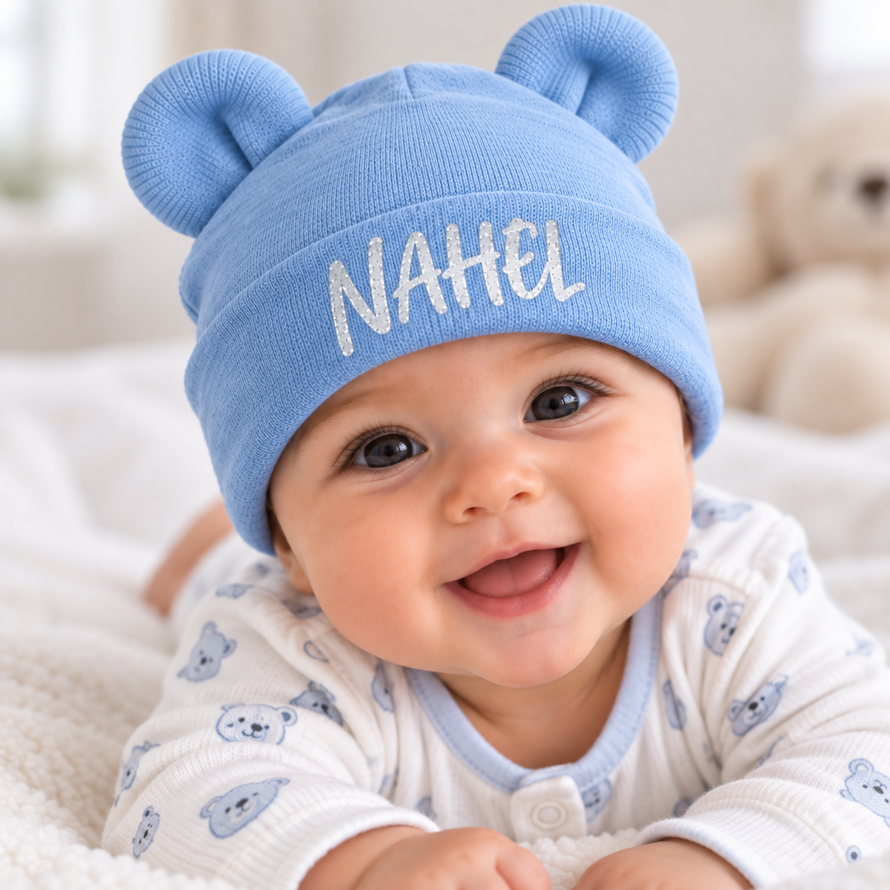 Bonnet de naissance bleu personnalisable – Image 3