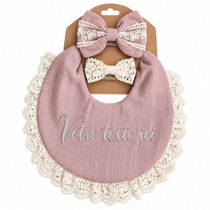 Coffret bavoir + bandeau beige personnalisable