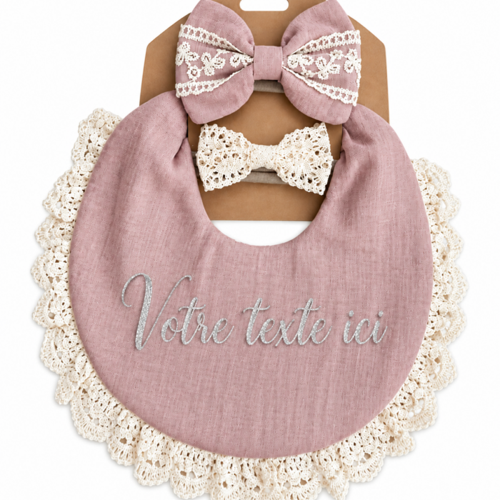 Coffret bavoir + bandeau beige personnalisable