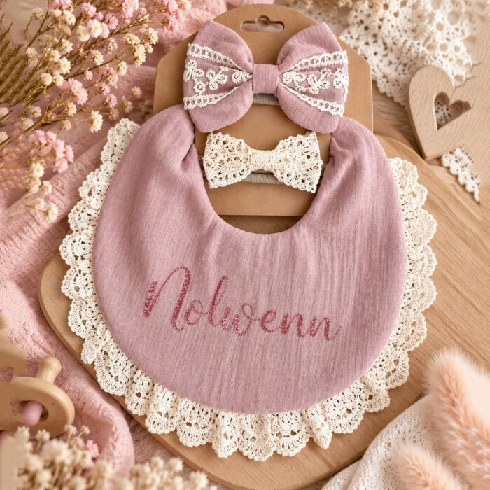 Coffret bavoir + bandeau beige personnalisable - Bébé Tendances