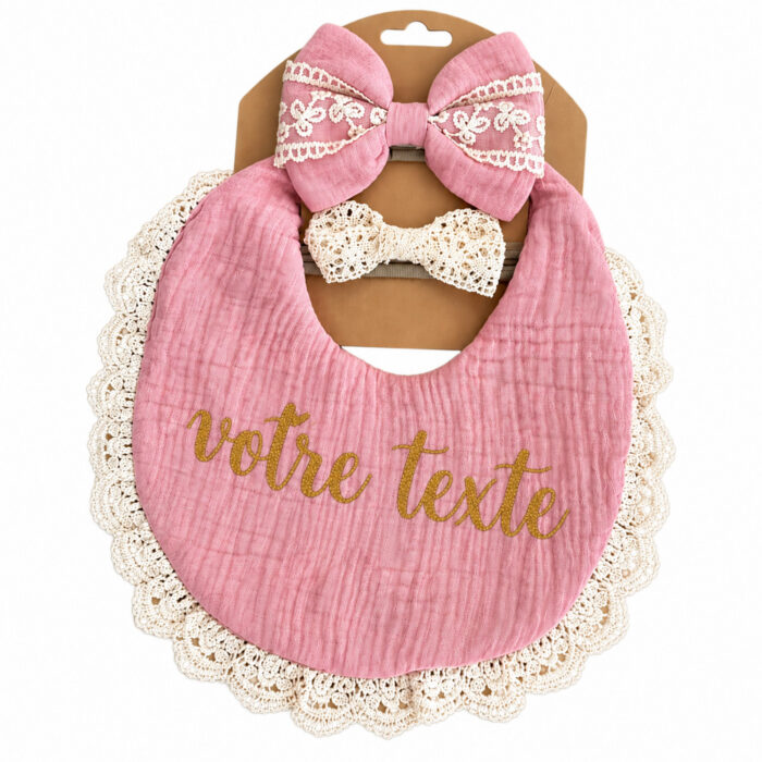 Coffret bavoir + bandeau rose personnalisable