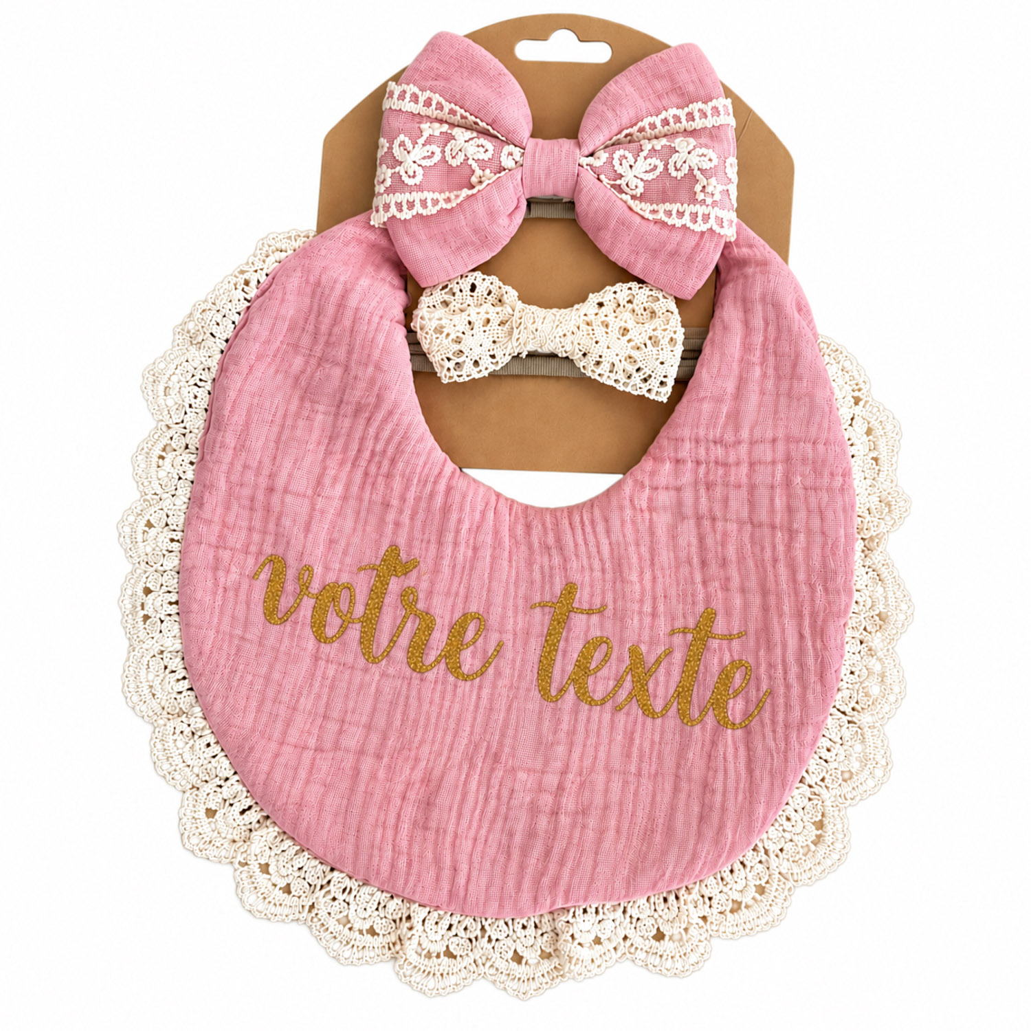 Coffret bavoir + bandeau rose personnalisable