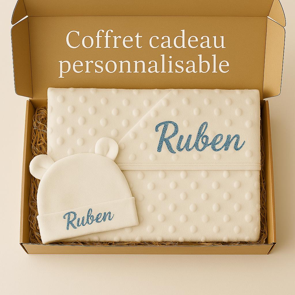Coffret couverture à bulles + Bonnet de naissance blanc personnalisable - Bébé Tendances