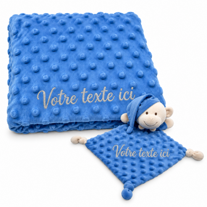 Coffret couverture à bulles + doudou ourson bleu marine personnalisable