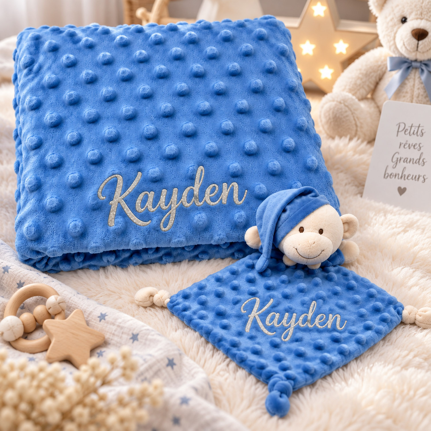 Coffret couverture à bulles + doudou ourson bleu marine personnalisable - Bébé Tendances