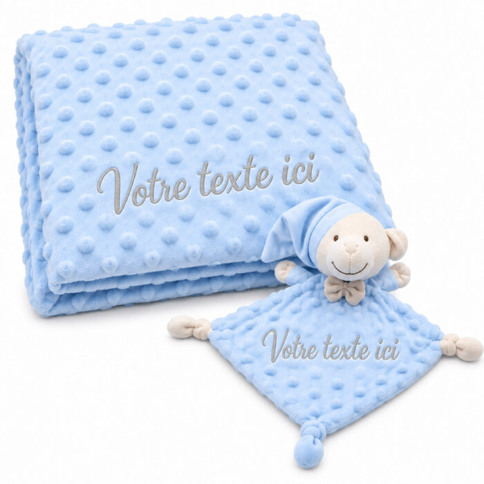 Coffret couverture à bulles + doudou ourson bleu personnalisable