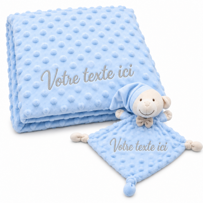 Coffret couverture à bulles + doudou ourson bleu personnalisable
