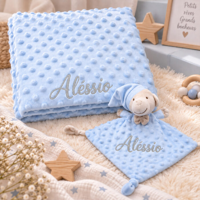 Coffret couverture à bulles + doudou ourson bleu personnalisable - Bébé Tendances