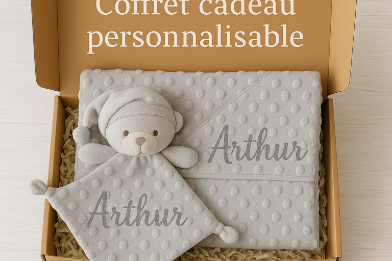 Coffret couverture à bulles + doudou ourson gris personnalisable - Bébé Tendances