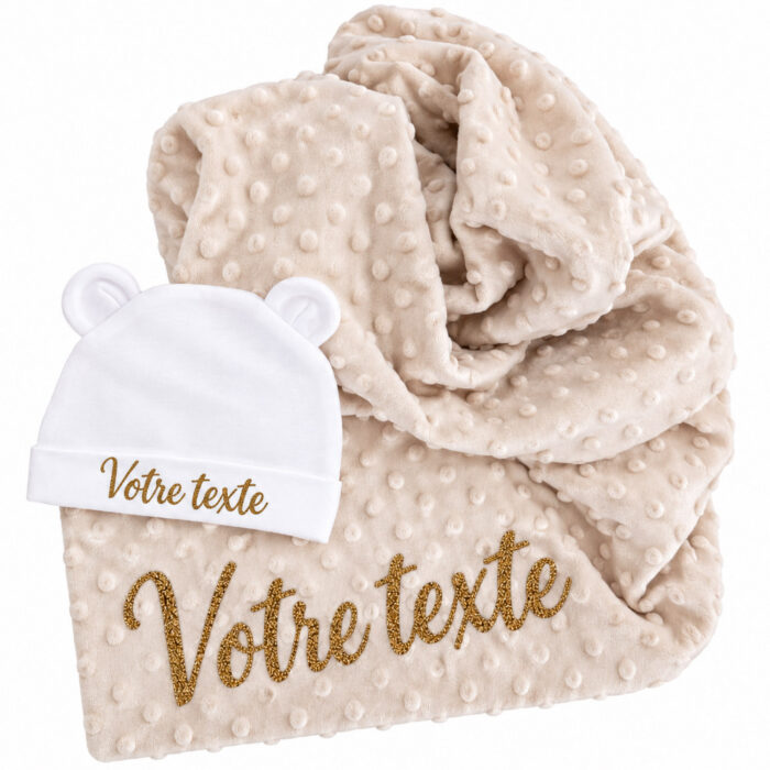 Coffret couverture beige + bonnet blanc personnalisable