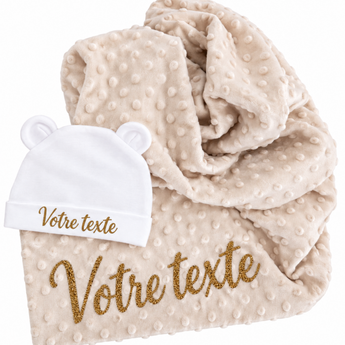Coffret couverture beige + bonnet blanc personnalisable
