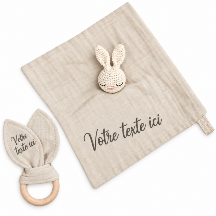 Coffret doudou + hochet beige personnalisable