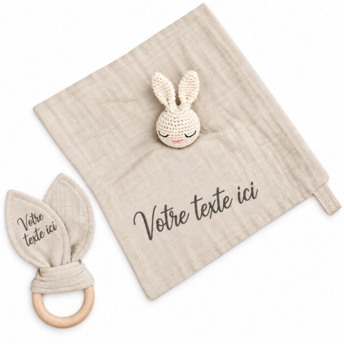 Coffret doudou + hochet beige personnalisable - Bébé Tendances