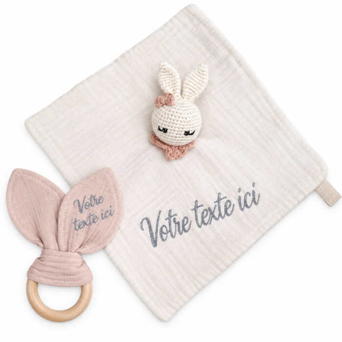 Coffret doudou + hochet blanc rose personnalisable