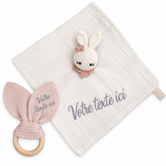 Coffret doudou + hochet blanc rose personnalisable