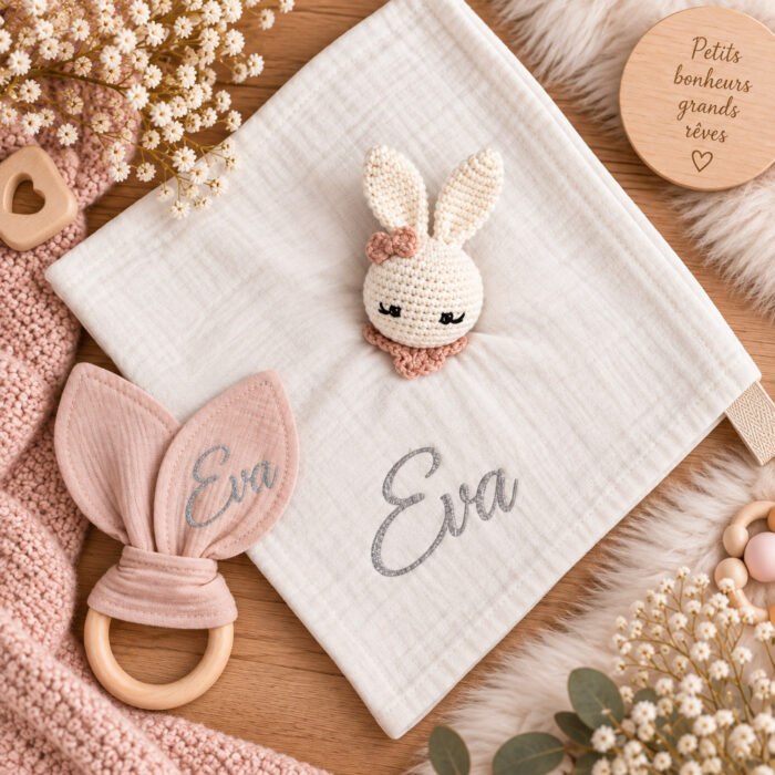 Coffret doudou + hochet blanc rose personnalisable - Bébé Tendances