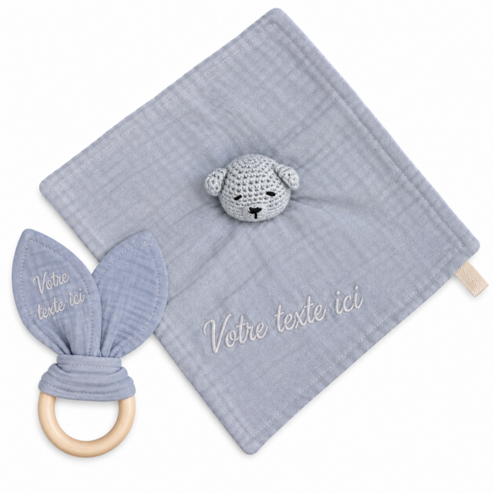 Coffret doudou + hochet gris personnalisable