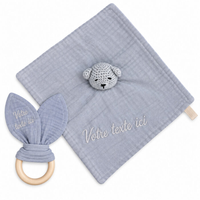 Coffret doudou + hochet gris personnalisable - Bébé Tendances