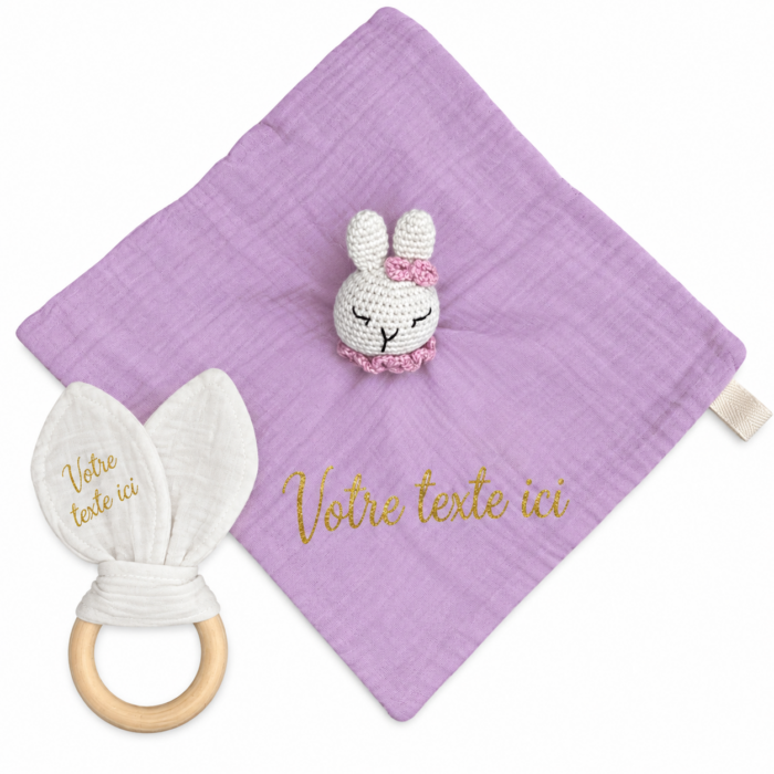 Coffret doudou + hochet vieux rose personnalisable