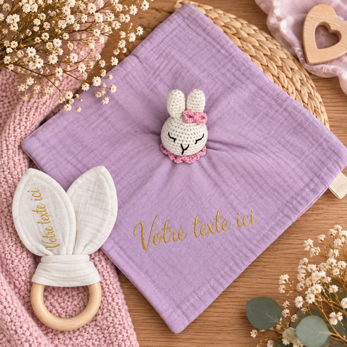 Coffret doudou + hochet vieux rose personnalisable - Bébé Tendances