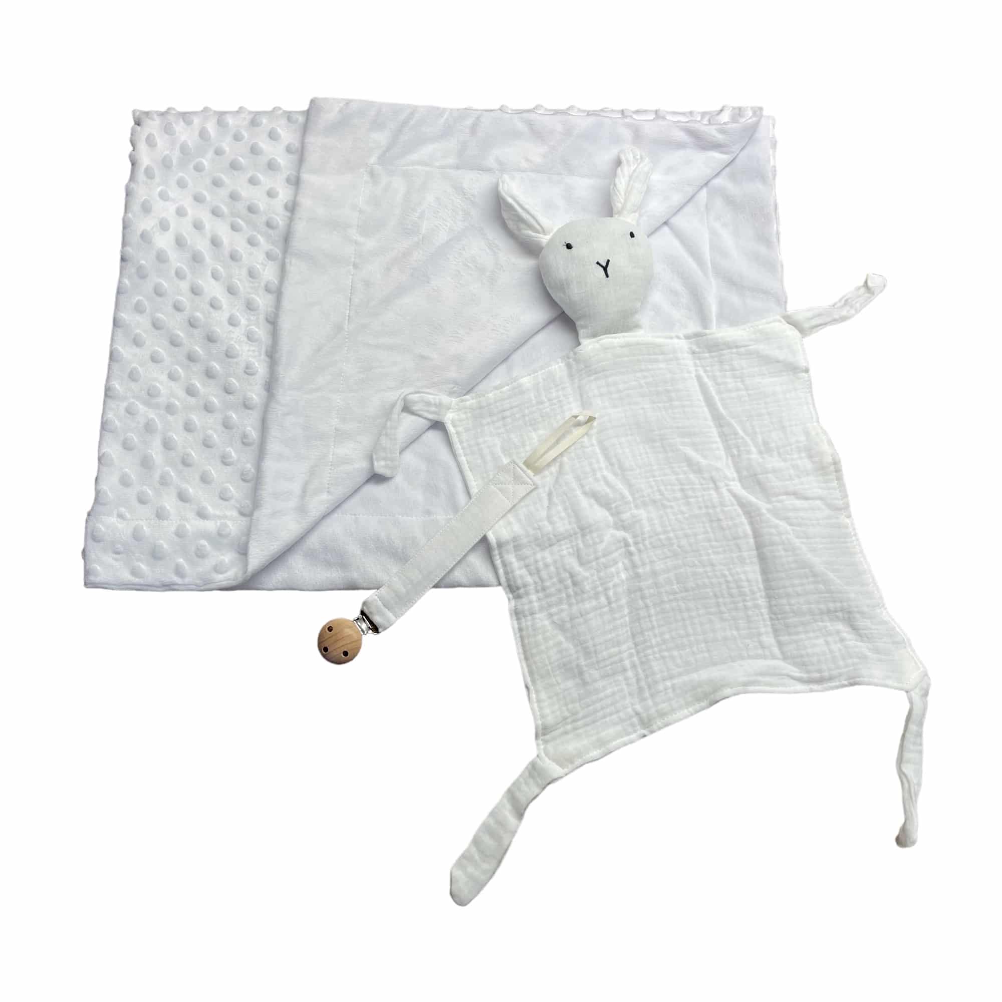 Coffret personnalisable couverture polaire légère, doudou lapin et attache tétine - Blanc - Bébé Tendances