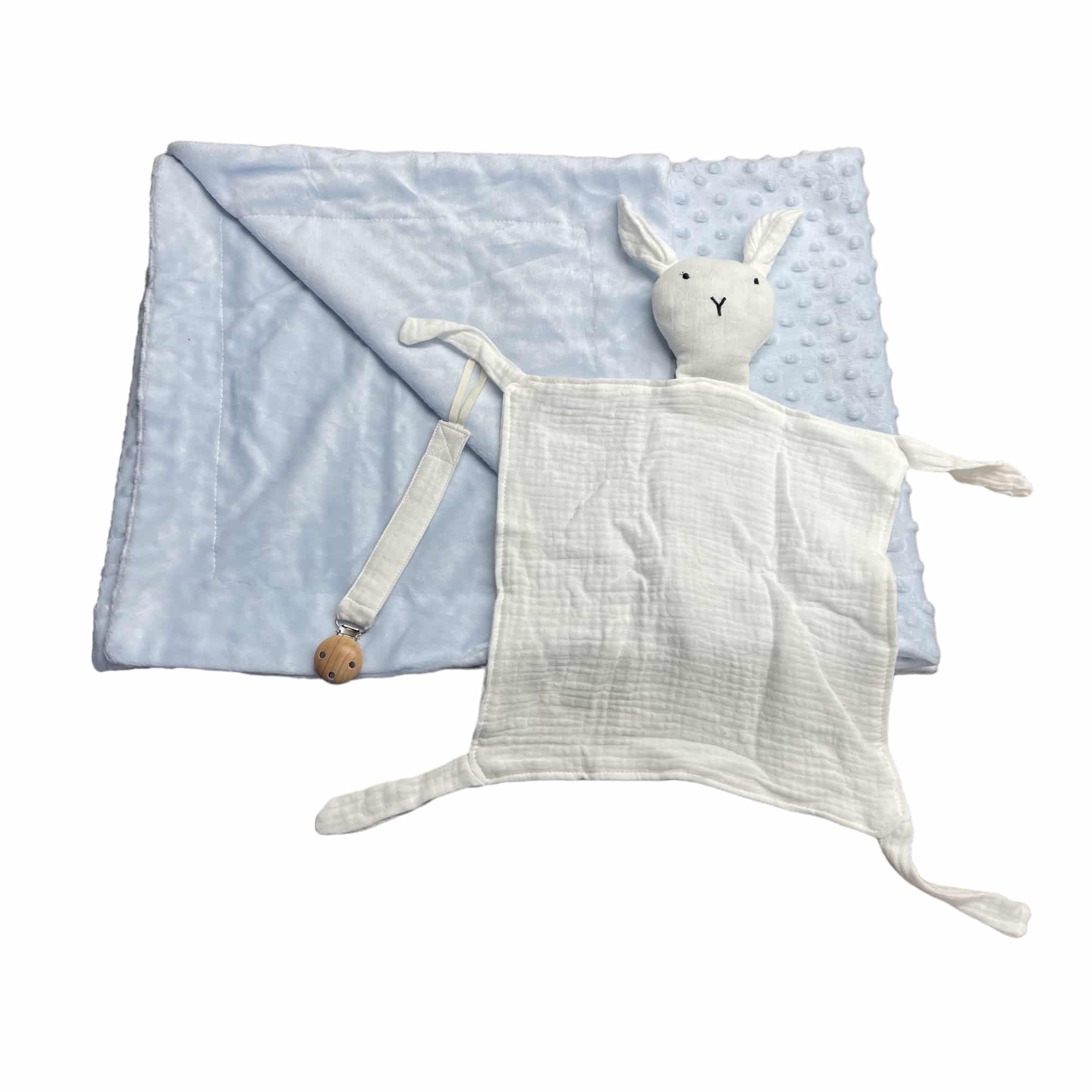 Coffret personnalisable couverture polaire légère, doudou lapin et attache tétine - Bleu - Bébé Tendances
