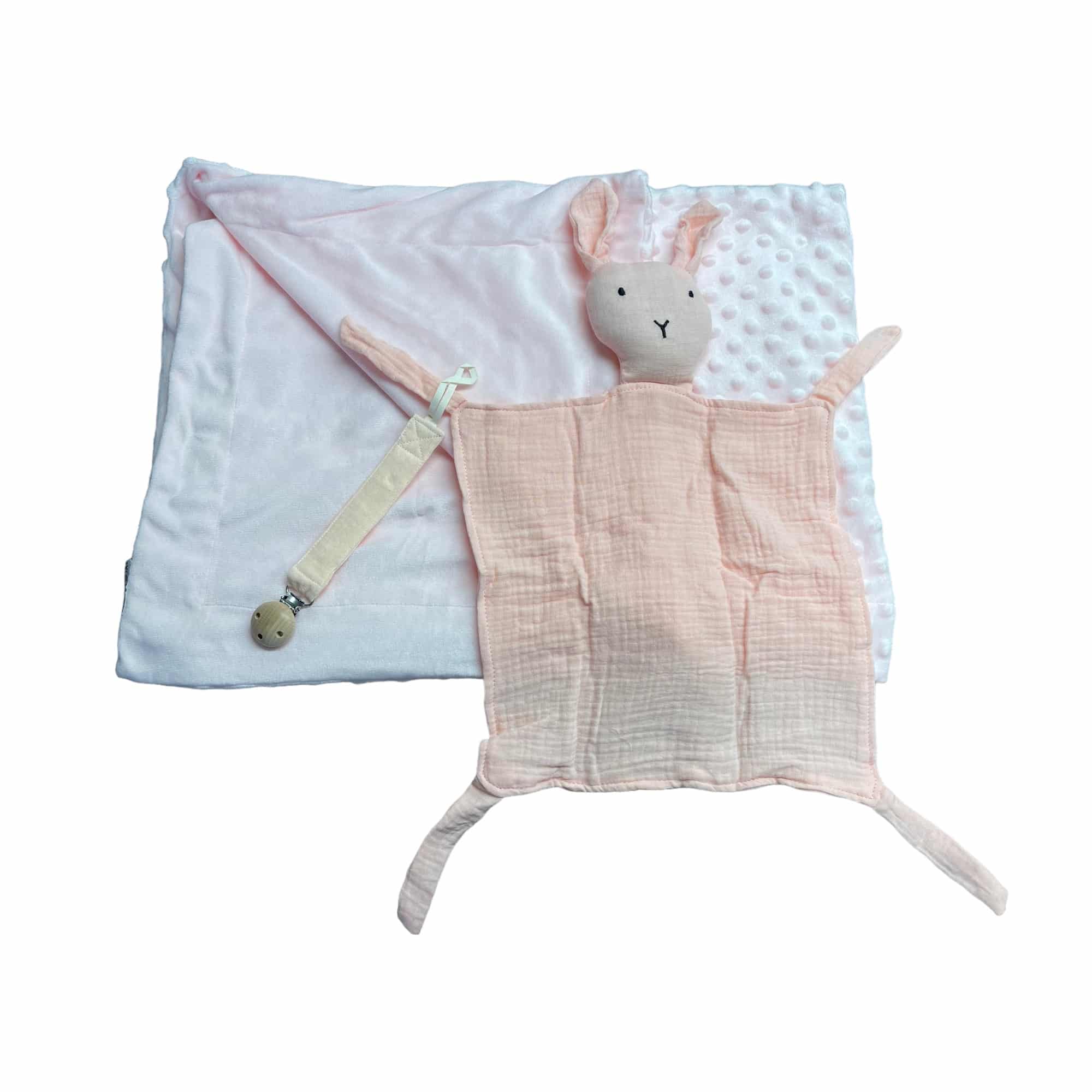 Coffret personnalisable couverture polaire légère, doudou lapin et attache tétine - Rose - Bébé Tendances
