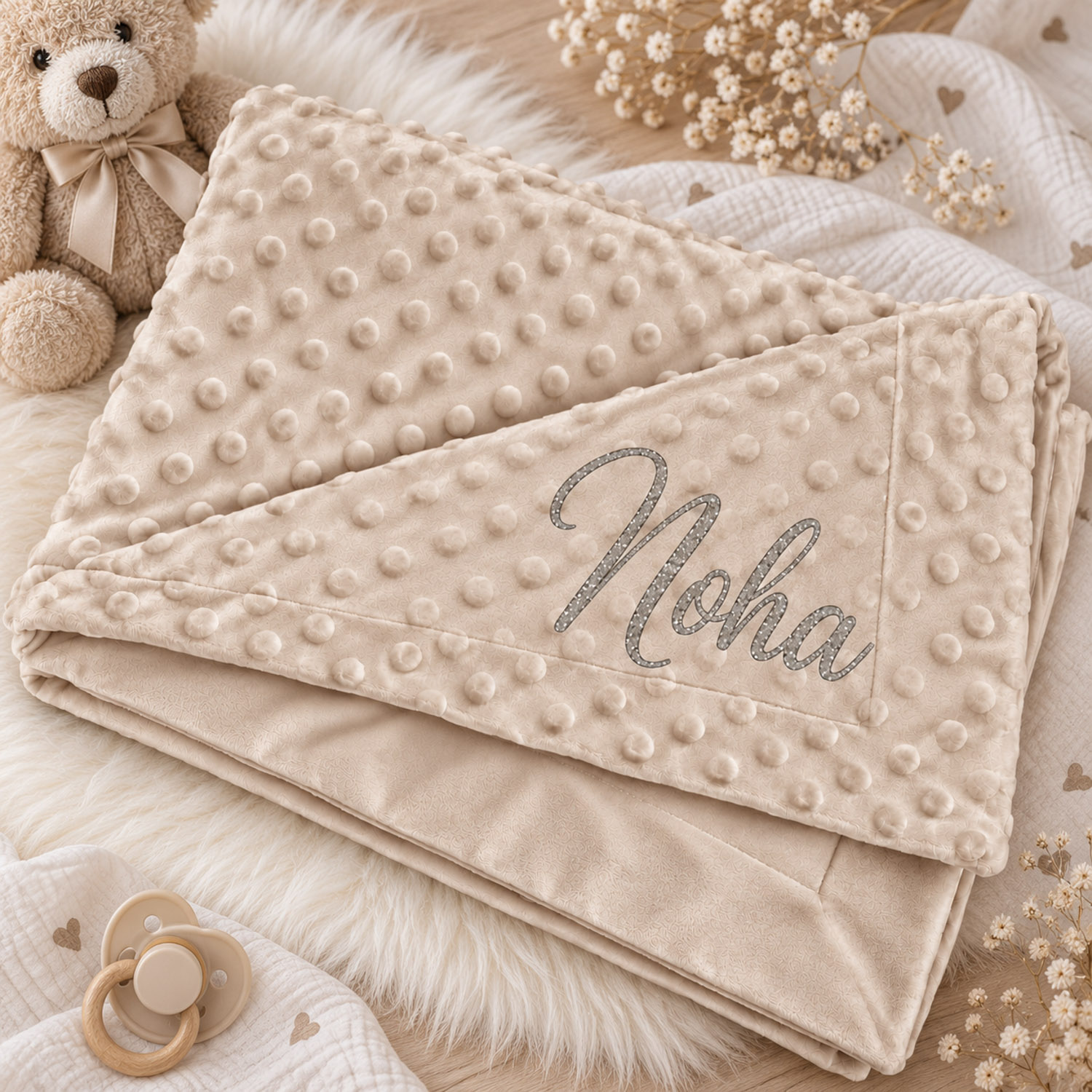 Couverture bébé personnalisée beige – Prénom 80×110 cm - Bébé Tendances