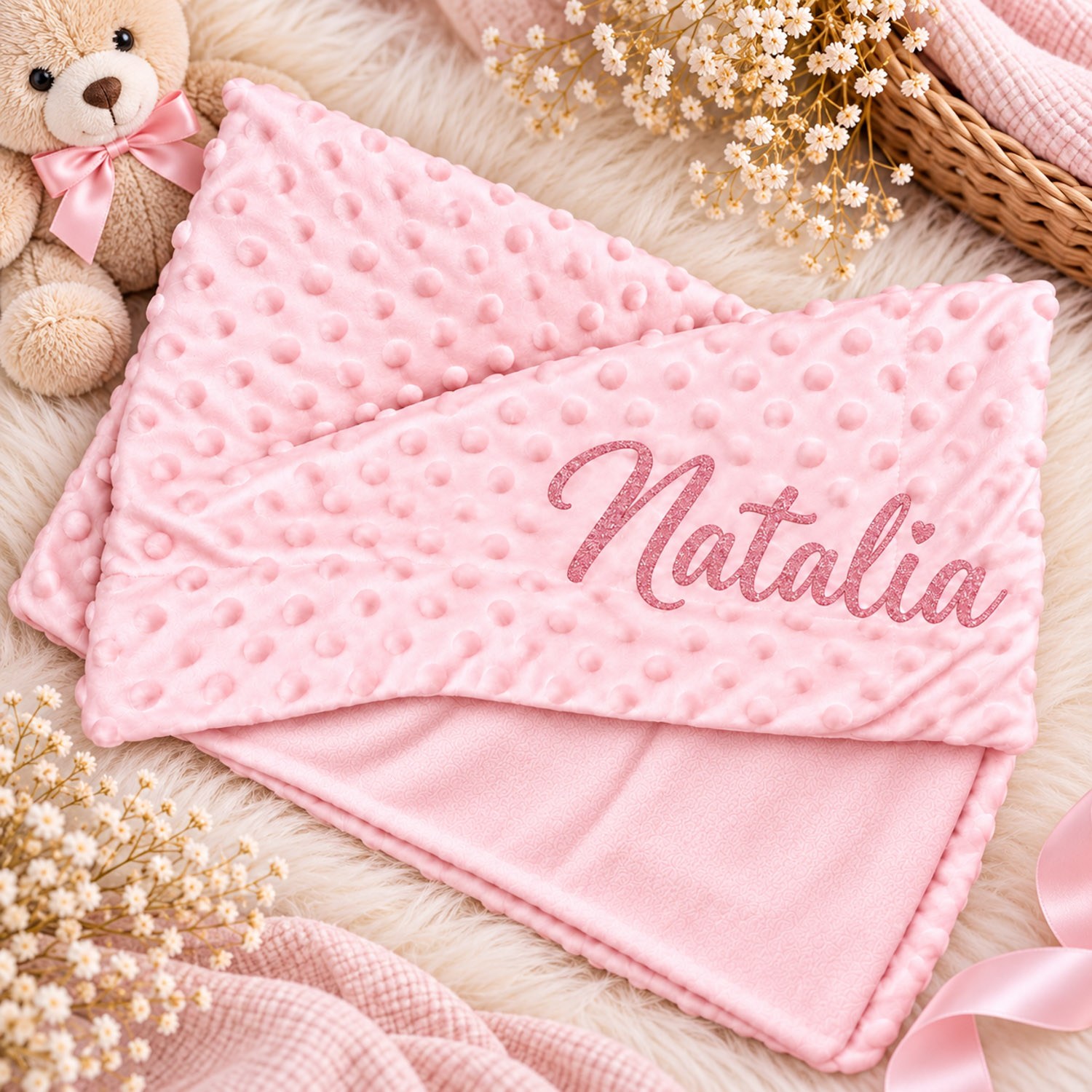 Couverture bébé personnalisée rose – Prénom 80×110 cm - Bébé Tendances