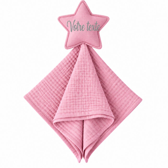 Doudou étoile rose personnalisé avec prénom – Gaze de coton 40 × 40 cm - Bébé Tendances