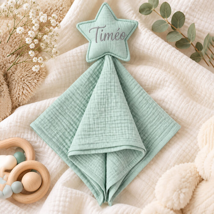Doudou étoile vert personnalisé avec prénom – Gaze de coton 40 × 40 cm - Bébé Tendances