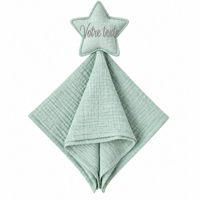 Doudou étoile vert personnalisé avec prénom – Gaze de coton 40 × 40 cm - Bébé Tendances