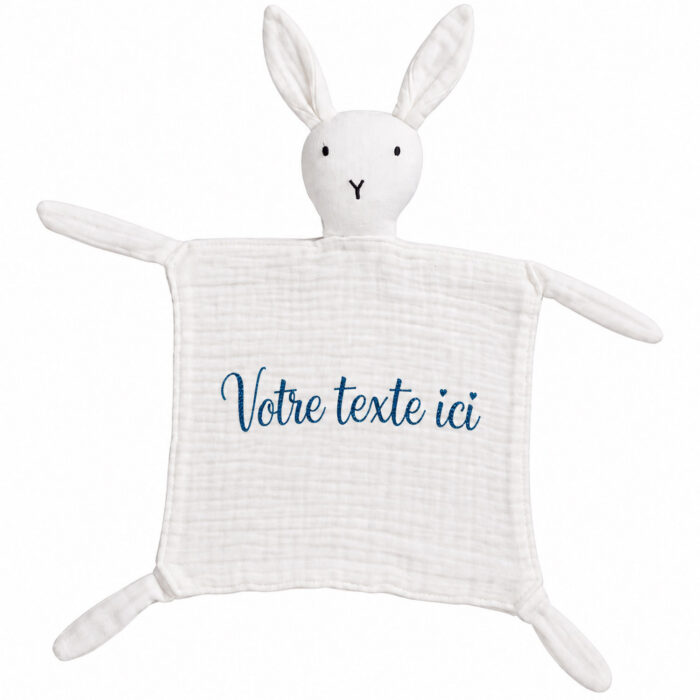 Doudou lapin gaze de coton blanc personnalisable