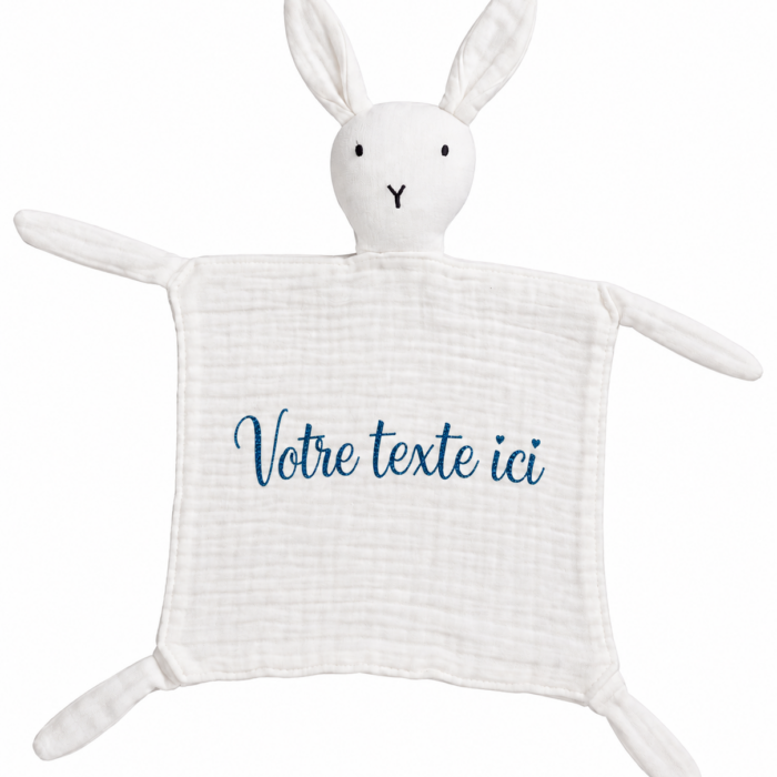Doudou lapin gaze de coton blanc personnalisable