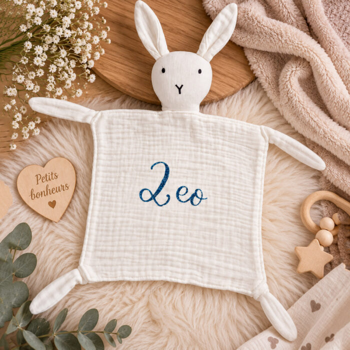 Doudou lapin gaze de coton blanc personnalisable - Bébé Tendances