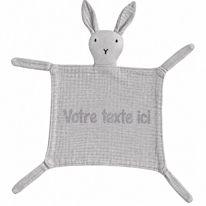 Doudou lapin gaze de coton gris personnalisable