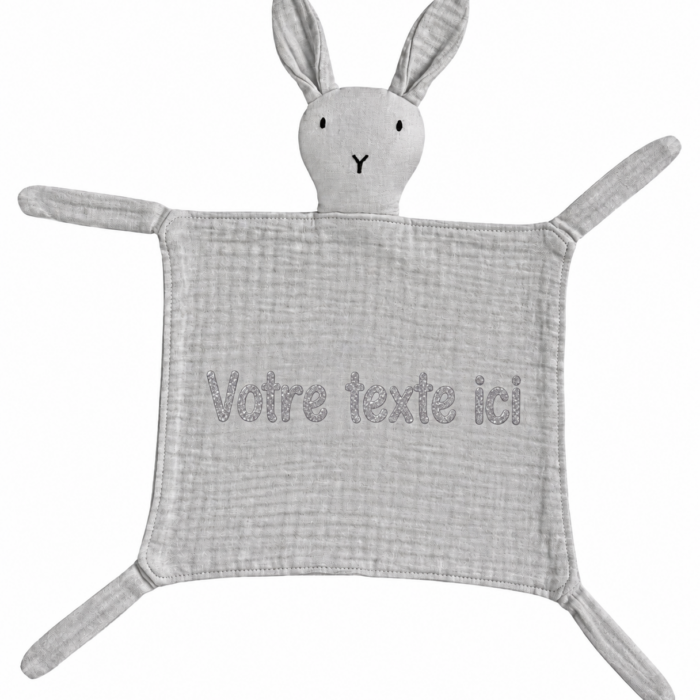 Doudou lapin gaze de coton gris personnalisable