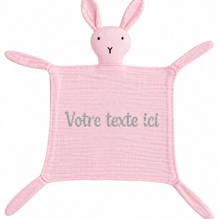 Doudou lapin gaze de coton rose personnalisable