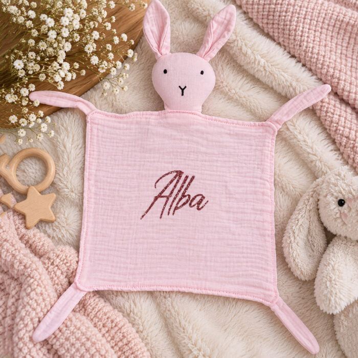 Doudou lapin gaze de coton rose personnalisable - Bébé Tendances