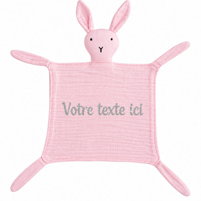 Doudou lapin gaze de coton rose personnalisable - Bébé Tendances